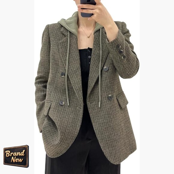 Oversized Hooded Blazer Jacket Women's Loose Fit Polyester Blend Work Office